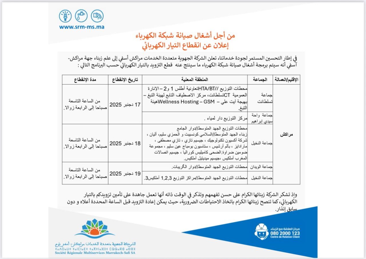 انقطاع مبرمج للكهرباء ببعض أحياء مراكش بسبب أشغال الصيانة 2 IMG 20251216 WA0031